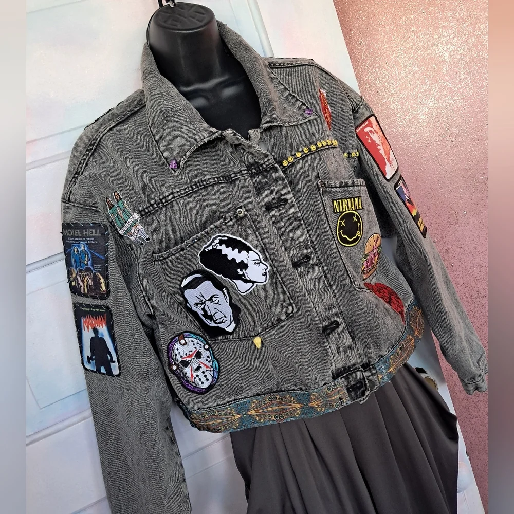 Custom RAGE Horror Cropped Grey Denim Jacket! OOAK Unique Fandom Wear! Friday 13 - Picture 11 of 16